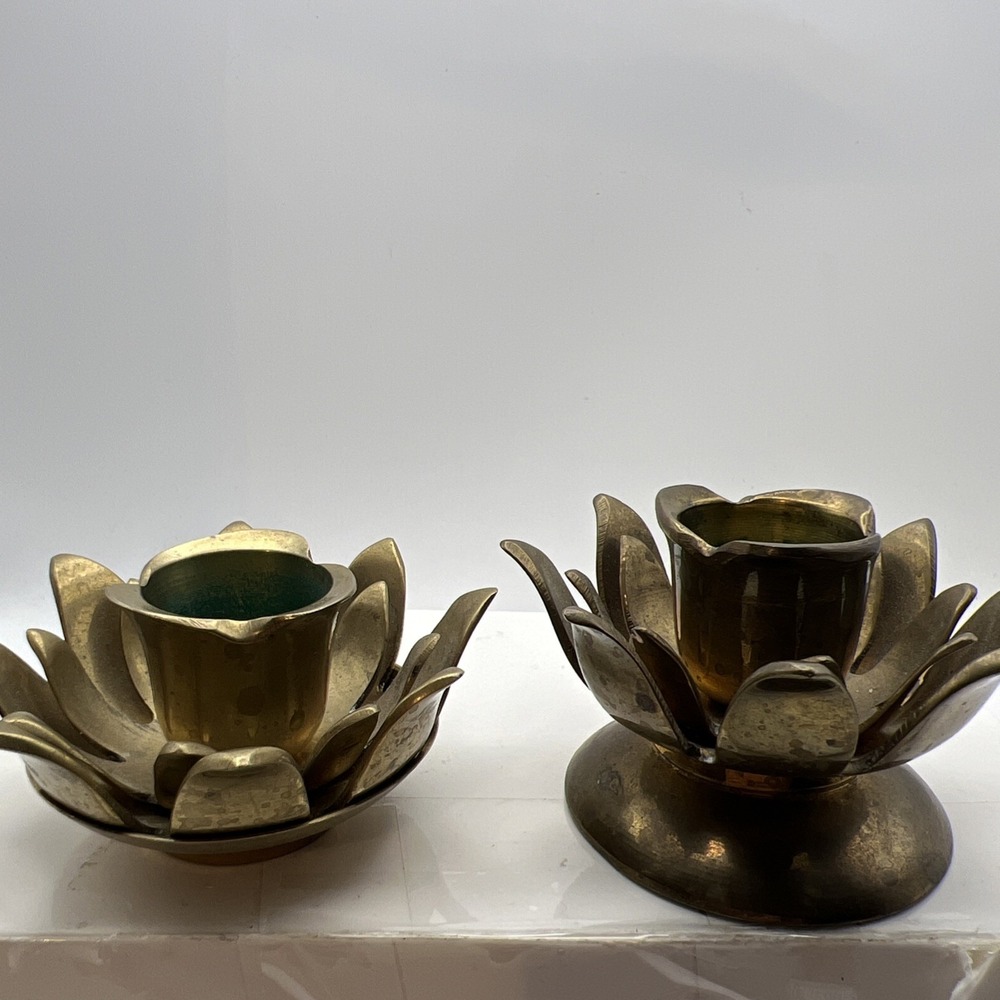 2 Vtg Mismatched Brass Lotus Flower Candle Holders India Boho Eclectic Set